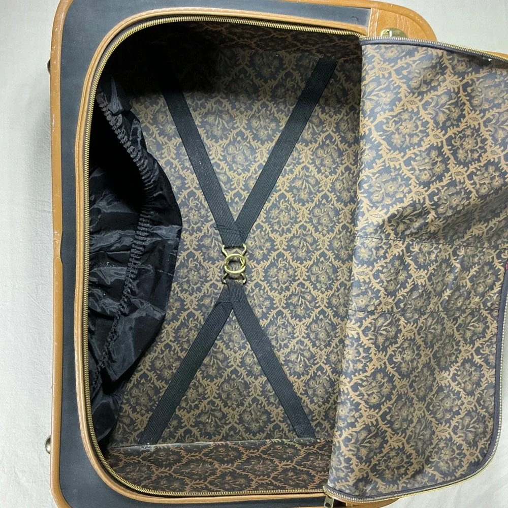 Vintage Monarch Suitcase Black Tan Stripe Damask Lined Retro Luggage Carry On